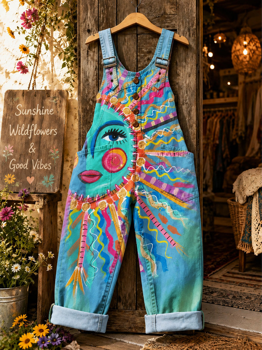 Women's Retro Style Art Print Washed Cotton Denim Patchwork Jumpsuit
